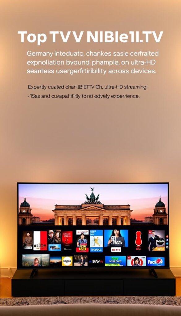 A modern, high-quality IPTV service showcasing the top IPTVANBIETERTV providers in Germany. A sleek, minimalist interface displays expertly curated channel packages, ultra-HD streaming, and seamless compatibility across devices. The scene is bathed in warm, inviting lighting, highlighting the premium, user-friendly experience. In the foreground, a montage of popular German channels is displayed, while in the background, a cityscape of Berlin's iconic landmarks provides a subtle nod to the service's local roots. The overall composition conveys a sense of reliability, quality, and the effortless enjoyment of live television in the comfort of one's home.