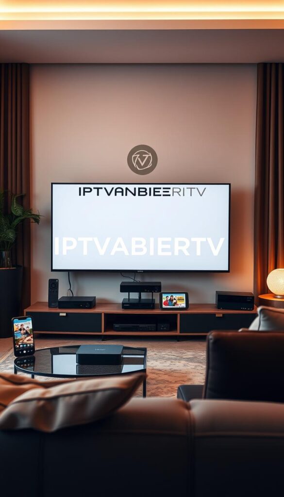 A modern, high-quality IPTV service with a sleek, minimalist interface. The IPTVANBIETERTV logo is prominently displayed, conveying a sense of professionalism and reliability. The scene features a variety of streaming devices, such as smart TVs, set-top boxes, and mobile devices, showcasing the wide compatibility of the IPTV service. The color palette is dominated by warm, muted tones, creating a cozy and inviting atmosphere. The lighting is soft and diffused, adding depth and dimension to the image. The overall composition is balanced and visually appealing, highlighting the premium nature of the IPTV solution.