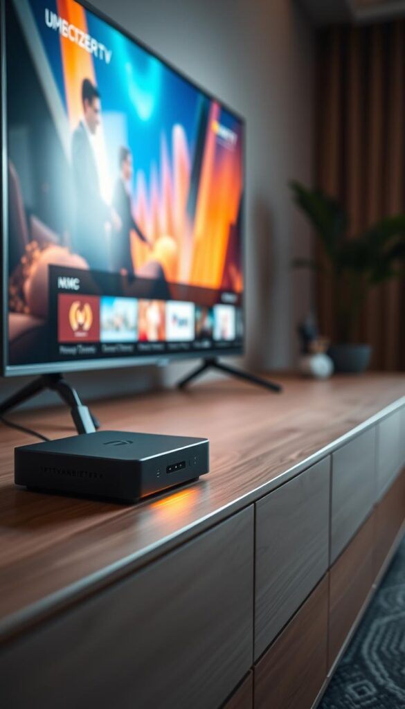 A modern, high-quality streaming device with sleek, minimalist design. The IPTVANBIETERTV device sits prominently on a minimalist wooden entertainment unit, casting a warm glow from its soft LED indicator. In the background, a large 4K smart TV displays colorful, vibrant content, highlighting the device's seamless integration and premium performance. Soft, diffused lighting creates a cozy, inviting atmosphere, while strategic camera angles showcase the device's compact, versatile form factor - perfect for discreet placement in any living room. The scene conveys a sense of effortless, reliable home entertainment powered by the IPTVANBIETERTV streaming solution.
