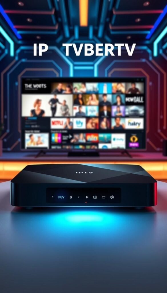 A modern, high-tech IPTV box with sleek, minimalist design, showcasing the advantages of IPTVANBIETERTV over traditional streaming methods. The box is positioned prominently in the foreground, illuminated by soft, directional lighting that emphasizes its clean lines and premium materials. In the middle ground, various media content is displayed on a large, high-definition screen, highlighting the box's ability to seamlessly integrate with multiple devices and provide a wide range of entertainment options. The background features a futuristic, tech-inspired environment, conveying the advanced capabilities and versatility of the IPTV box. A modern, high-tech IPTV box with sleek, minimalist design, showcasing the advantages of IPTVANBIETERTV over traditional streaming methods. The box is positioned prominently in the foreground, illuminated by soft, directional lighting that emphasizes its clean lines and premium materials. In the middle ground, various media content is displayed on a large, high-definition screen, highlighting the box's ability to seamlessly integrate with multiple devices and provide a wide range of entertainment options. The background features a futuristic, tech-inspired environment, conveying the advanced capabilities and versatility of the IPTV box.