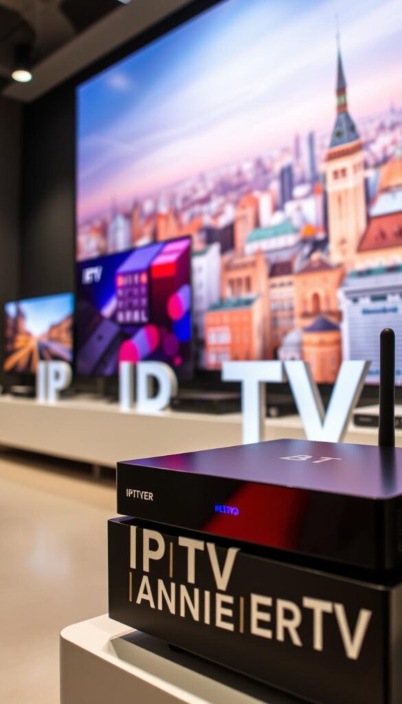 A modern, high-tech IPTV provider display showcasing an array of devices and sleek user interface. The foreground features the prominent "IPTVANBIETERTV" brand logo, presented in a bold, eye-catching typeface. The middle ground depicts several streaming devices, such as set-top boxes and smart TVs, arranged in a visually appealing layout. The background showcases a vibrant cityscape, representing the widespread availability and accessibility of the IPTV service throughout Germany. The lighting is soft and diffused, creating a warm, inviting atmosphere. The overall composition conveys a sense of technological sophistication, reliability, and the diverse range of IPTV options catering to different consumer needs. A modern, high-tech IPTV provider display showcasing an array of devices and sleek user interface. The foreground features the prominent "IPTVANBIETERTV" brand logo, presented in a bold, eye-catching typeface. The middle ground depicts several streaming devices, such as set-top boxes and smart TVs, arranged in a visually appealing layout. The background showcases a vibrant cityscape, representing the widespread availability and accessibility of the IPTV service throughout Germany. The lighting is soft and diffused, creating a warm, inviting atmosphere. The overall composition conveys a sense of technological sophistication, reliability, and the diverse range of IPTV options catering to different consumer needs.