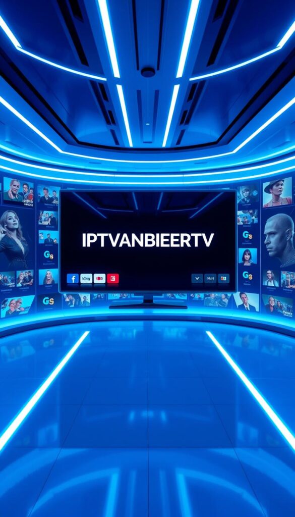 A modern, high-tech IPTV service provider interface with a sleek, minimalist design. A large, vibrant display showcases the IPTVANBIETERTV brand name prominently in the center, surrounded by a grid of streaming app icons and media content thumbnails. The interface is bathed in a cool, blue-tinted lighting, creating a sophisticated, futuristic atmosphere. The camera angle is slightly elevated, creating a sense of scale and professionalism. The overall composition conveys the idea of a comprehensive, multi-device IPTV solution with a user-friendly, cutting-edge aesthetic.
