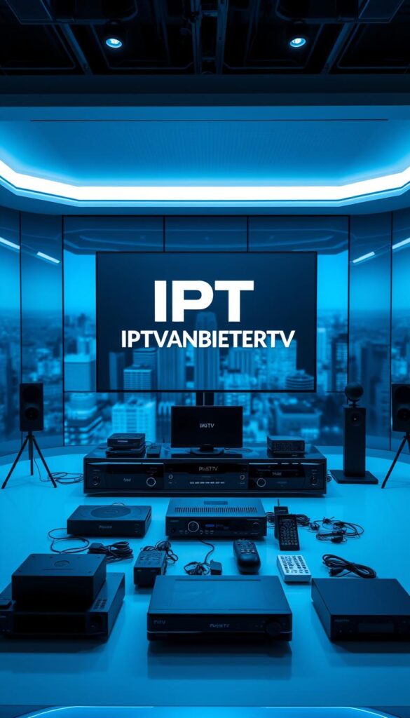 A modern, high-tech IPTV service provider studio with sleek, minimalist design. The focal point is a large, 4K display showcasing the IPTVANBIETERTV brand name in a clean, modern typeface. The studio is illuminated by cool, blue-tinted lighting, creating a professional, sophisticated atmosphere. In the middle ground, various IPTV hardware devices and accessories are neatly arranged, highlighting the comprehensive service offerings. The background features a blurred cityscape, conveying the idea of a leading, Germany-based IPTV provider serving a wide customer base. The overall scene exudes an aura of innovation, reliability, and attention to detail.