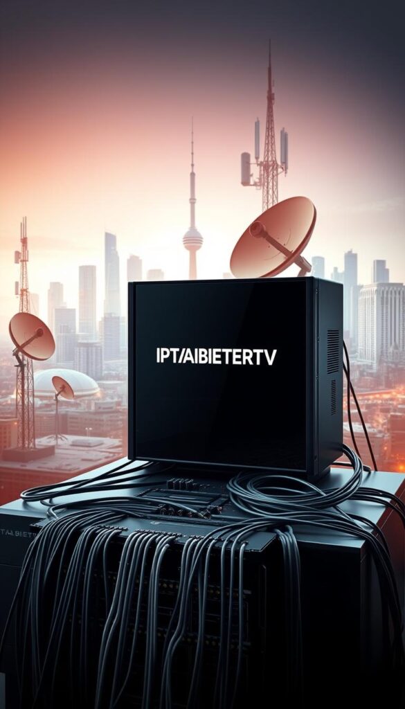 A modern, high-tech IPTV system with sleek, minimalist design. A central server with cables and circuits in the foreground, surrounded by satellite dishes and communication towers in the middle ground. In the background, a cityscape with skyscrapers and a bright, futuristic skyline. Soft, warm lighting illuminates the scene, creating a sense of advanced, cutting-edge technology. The brand name "IPTVANBIETERTV" is prominently displayed on the central server. The overall atmosphere is one of innovation, progress, and the digital future.