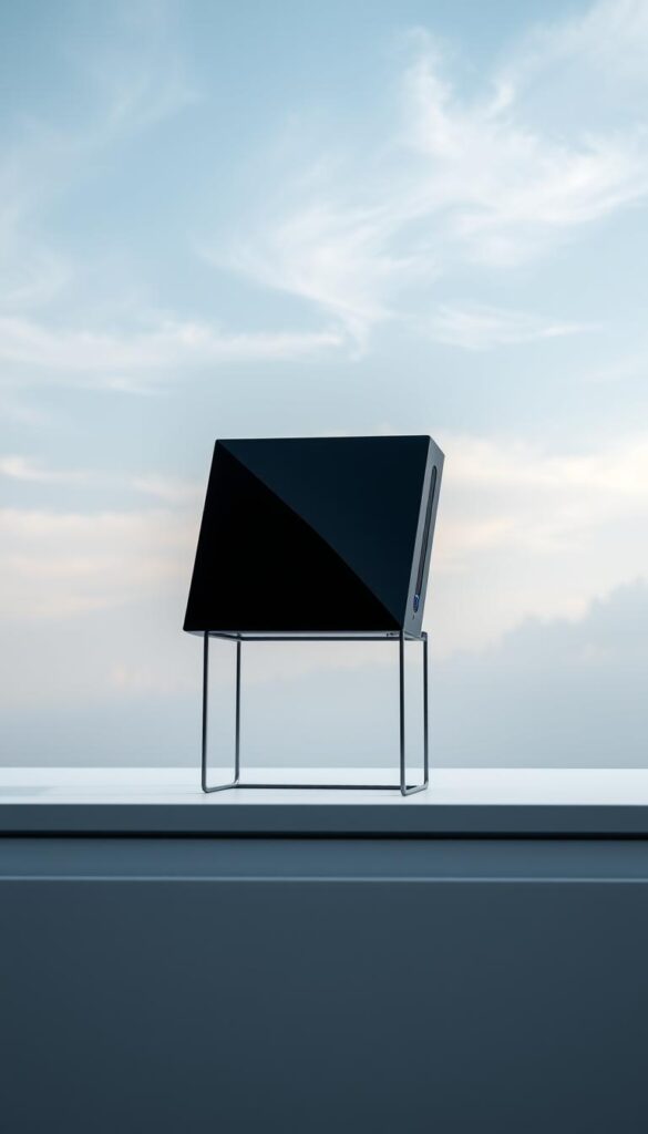 A modern, high-tech IPTVANBIETERTV box standing on a sleek, minimalist table. The box has a smooth, glossy black exterior with clean lines and a subtle blue LED indicator. In the background, a serene, hazy sky with wispy clouds creates a calming atmosphere. Soft, indirect lighting from above casts subtle shadows, emphasizing the box's angular design. The overall scene conveys a sense of sophistication and technological prowess, hinting at the advanced features and capabilities of the IPTVANBIETERTV box.