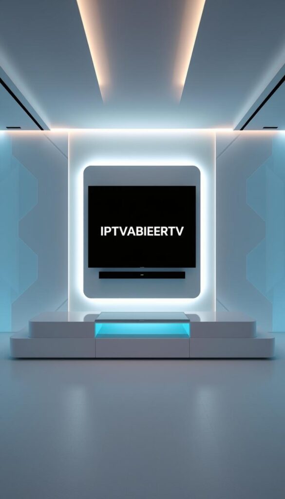 A modern, high-tech UK IPTV system with sleek, minimalist UI. Elegant display showcases stunning 4K video quality, smooth frame rates, and robust streaming capabilities. Highlight the IPTVANBIETERTV brand prominently in the center, with crisp, bold typography. Surround it with abstract, geometric shapes and patterns in cool, calming tones that evoke the technological precision of the service. Subtle lighting from the sides casts a soft, futuristic glow. Depict the system in an immersive, three-dimensional space with depth and perspective, placing it in a clean, uncluttered environment to make the focus entirely on the IPTV experience.