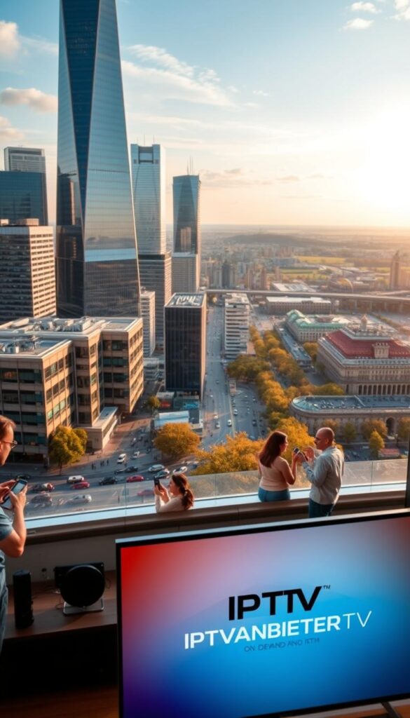 A modern, high-tech cityscape with sleek skyscrapers and bustling streets. In the foreground, a close-up view of a smart TV displaying the IPTVANBIETERTV brand logo, showcasing the latest IPTV technology. The middle ground features people interacting with various digital devices, immersed in the world of on-demand entertainment. In the background, a panoramic view of the German landscape, with rolling hills, forests, and the iconic architecture of German cities. The scene is illuminated by a warm, golden light, creating a sense of comfort and sophistication. The overall atmosphere conveys the seamless integration of IPTV services into the daily lives of German consumers.