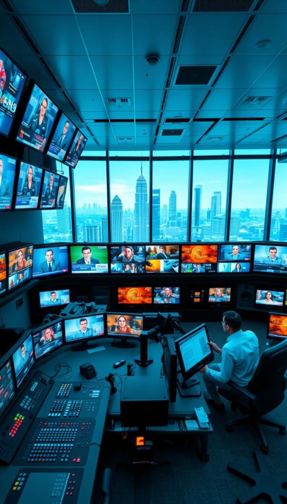 A modern, high-tech control room filled with rows of TV screens displaying a diverse array of IPTV channels from the IPTVANBIETERTV service. The screens show a variety of live news, sports, movies, and entertainment programming, with vibrant colors and sharp, detailed imagery. The room is bathed in a cool, blue-tinted lighting, creating a sleek, professional atmosphere. A central console dominates the foreground, with various input controls and monitoring equipment. The middle ground features technicians diligently overseeing the system, while the background showcases a panoramic view of a futuristic cityscape through large windows, emphasizing the scale and sophistication of the IPTVANBIETERTV operation.