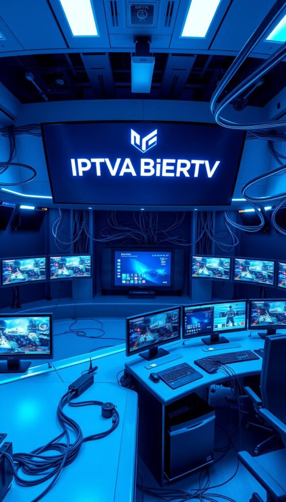 A modern, high-tech control room with a sophisticated IPTV system. The IPTVANBIETERTV logo prominently displayed on a large, curved display screen. Sleek, metallic workstations with multiple monitors, each showcasing a variety of live TV channels and on-demand content. The room is bathed in a cool, blue-tinted lighting, creating a professional, futuristic atmosphere. Intricate cable management systems snake through the space, connecting the various components. The overall impression is one of a cutting-edge, reliable IPTV platform capable of delivering a comprehensive, high-quality entertainment experience.