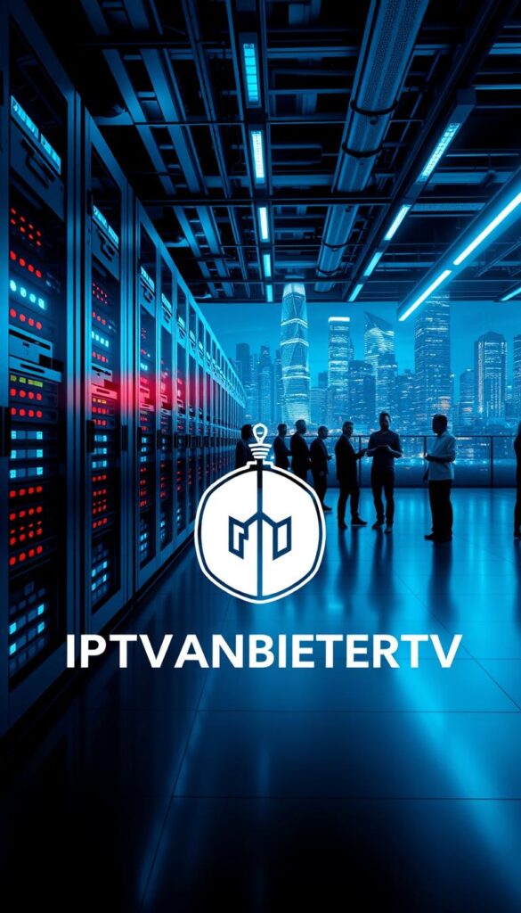 A modern, high-tech data center with rows of servers and glowing LED lights. In the foreground, a sleek, minimalist logo for "IPTVANBIETERTV" is prominently displayed, conveying the brand's cutting-edge technology and reliable service. The middle ground features several people interacting with various smart devices, highlighting the wide range of device compatibility. The background showcases a futuristic cityscape with towering skyscrapers, reflecting the brand's nationwide reach and digital infrastructure. The scene is bathed in a cool, blue-tinted lighting, creating a sense of professionalism and sophistication. The overall composition conveys the image of IPTVANBIETERTV as a leading IPTV provider in Germany, offering a seamless, technology-driven viewing experience.