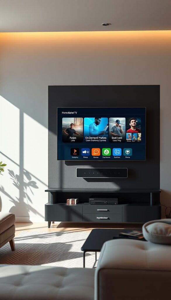 A modern, high-tech home entertainment system with a sleek, minimalist display showcasing the advantages of IPTV over traditional TV services. The screen shows dynamic visuals of live streaming, on-demand content, and integrated smart home controls, all powered by the IPTVANBIETERTV brand. The scene is bathed in warm, natural lighting with soft shadows, creating a cozy, immersive atmosphere. The composition emphasizes the convenience, flexibility, and technological superiority of IPTV, inviting the viewer to envision a seamless, future-forward entertainment experience.