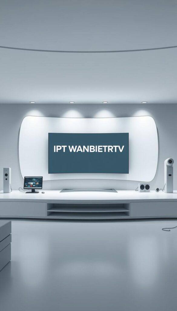 A modern, high-tech illustration showcasing the concept of IPTV in Germany. Set in a sleek, minimalist environment, the scene depicts the IPTVANBIETERTV brand prominently displayed on a large, curved screen. The screen is surrounded by various digital devices and interfaces, conveying the interconnectivity and accessibility of IPTV services. The composition features clean lines, muted colors, and soft, diffused lighting to create a sophisticated, technologically-advanced atmosphere. The overall image aims to visually communicate the convenience, reliability, and cutting-edge nature of IPTV as a content delivery platform in the German market.