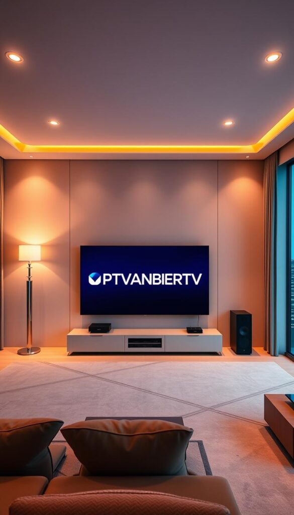A modern high-tech living room with a large 4K OLED TV screen displaying the IPTVANBIETERTV brand logo. The room is bathed in warm, ambient lighting from floor lamps and recessed ceiling fixtures. The TV is situated on a sleek, minimalist entertainment unit, with a high-end sound system and streaming devices neatly arranged. The walls have subtle, abstract patterns that evoke the dynamic flow of digital content. Through the large windows, a cityscape is visible, suggesting the global reach and connectivity of IPTV technology. The overall scene conveys a sense of cutting-edge technology, luxurious living, and the transformative power of IPTV in the modern home.