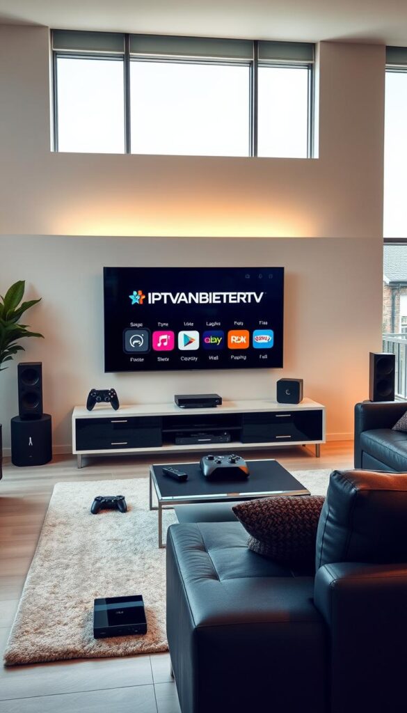 A modern, high-tech living room with a large flat-screen TV displaying the IPTVANBIETERTV brand and interface. The room is well-lit with a combination of natural light from large windows and warm artificial lighting. The TV is surrounded by a variety of compatible devices such as smartphones, tablets, gaming consoles, and streaming boxes, all seamlessly connected and integrated. The overall atmosphere is sleek, sophisticated, and showcases the ease of use and wide device compatibility of the IPTVANBIETERTV service.