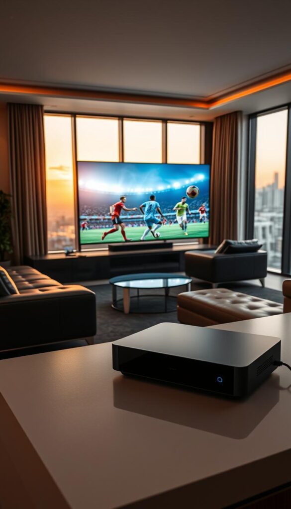 A modern, high-tech living room with a large flat-screen TV prominently displayed. The TV is powered on, showing a vibrant, detailed live feed of a soccer match, with players in dynamic motion on the screen. In the foreground, a sleek, minimalist IPTVANBIETERTV set-top box is visible, its smooth surface reflecting the lighting of the room. The middle ground features comfortable leather sofas and armchairs, where a family is gathered, their eyes fixed on the captivating match. The background showcases large windows overlooking a cityscape, bathed in the warm glow of the setting sun. The overall atmosphere is one of comfort, technology, and the anticipation of the 2026 World Cup.