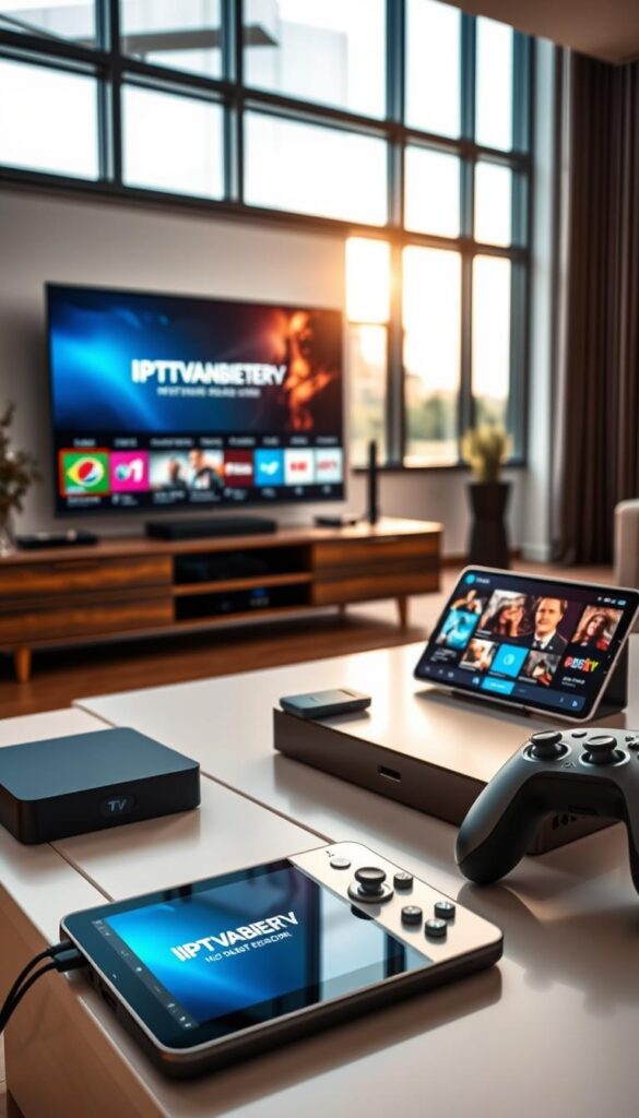 A modern, high-tech living room with multiple electronic devices seamlessly connected and displaying a variety of IPTV content. In the foreground, a sleek smart TV mounted on the wall, its crisp, vibrant display showcasing the IPTVANBIETERTV logo. On the coffee table, a state-of-the-art tablet and smartphone, both actively streaming different channels. In the middle ground, a cutting-edge streaming box and wireless gamepad, integrated into the home entertainment setup. The background features large windows, allowing natural light to flood the space and create a warm, inviting atmosphere. The lighting is soft and balanced, highlighting the technological prowess and the effortless connectivity of the IPTV system.