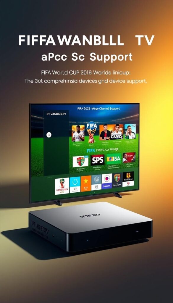 A modern high-tech streaming device displaying the FIFA 2026 World Cup IPTV channel lineup, showcasing the comprehensive device support of IPTVANBIETERTV. The device is rendered in a clean, minimalist style with a sleek, angular design and a prominent IPTVANBIETERTV logo. The screen displays an array of soccer-themed icons and graphics, conveying the excitement and anticipation of the upcoming tournament. The background is a vibrant, gradient-based color scheme evoking the energy and global reach of the FIFA World Cup. Lighting is soft and diffused, creating a sense of depth and sophistication. The overall composition emphasizes the device's seamless integration with IPTVANBIETERTV's cutting-edge IPTV services, ready to deliver the ultimate viewing experience for the 2026 FIFA World Cup.