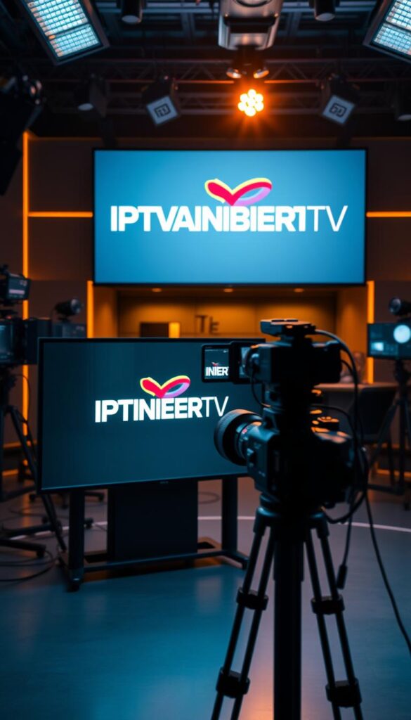 A modern, high-tech television studio setting, with sleek and minimalist design. In the foreground, a large flatscreen display prominently features the IPTVANBIETERTV logo, its bold typography and vibrant colors commanding attention. In the middle ground, a professional-grade camera is positioned, capturing the studio atmosphere with a shallow depth of field. The background is filled with state-of-the-art broadcasting equipment, cables, and a dimly lit control room, conveying a sense of technical sophistication. Warm, directional lighting creates a dramatic, cinematic mood, while a slight camera angle emphasizes the scale and importance of the IPTVANBIETERTV brand within the German IPTV landscape. A modern, high-tech television studio setting, with sleek and minimalist design. In the foreground, a large flatscreen display prominently features the IPTVANBIETERTV logo, its bold typography and vibrant colors commanding attention. In the middle ground, a professional-grade camera is positioned, capturing the studio atmosphere with a shallow depth of field. The background is filled with state-of-the-art broadcasting equipment, cables, and a dimly lit control room, conveying a sense of technical sophistication. Warm, directional lighting creates a dramatic, cinematic mood, while a slight camera angle emphasizes the scale and importance of the IPTVANBIETERTV brand within the German IPTV landscape.