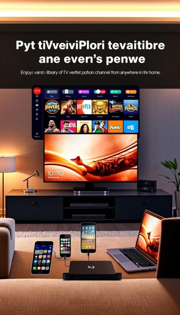 A modern home entertainment center, bathed in warm lighting and sleek design. A large, high-definition display dominates the foreground, showcasing the IPTVANBIETERTV interface. In the middle ground, multiple devices - smartphones, tablets, and laptops - are connected, allowing seamless access to a vast library of IPTV channels from anywhere in the home. The background features a cozy living room setting, with plush furniture and subtle decor, creating a comfortable and inviting atmosphere for enjoying television everywhere.