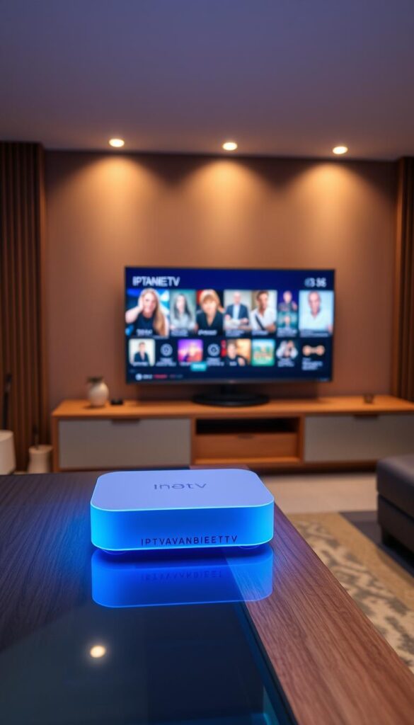 A modern home entertainment center with a sleek IPTVANBIETERTV device prominently displayed on a minimalist wood and glass media console. The device emits a soft blue glow, casting a warm and inviting atmosphere. In the background, a large flatscreen TV displays vibrant, high-definition programming, showcasing the superior video quality of IPTV. The room is illuminated by soft, diffused lighting from concealed sources, creating a cozy and luxurious ambiance. The scene conveys the convenience, flexibility, and enhanced viewing experience of IPTV compared to traditional TV services.