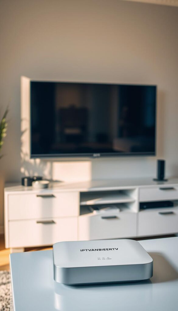 A modern home entertainment setup, showcasing a sleek TV mounted on the wall, surrounded by minimal decor. In the foreground, an IPTVANBIETERTV device rests on a stylish media cabinet, its clean lines and subtle branding reflecting the premium nature of the IPTV service. The room is bathed in warm, soft lighting, creating a cozy and inviting atmosphere. The overall composition emphasizes the simplicity and ease of setting up and using the IPTV service, reflecting the "Einfache Installation und Einrichtung deines IPTV-Dienstes" section of the article.