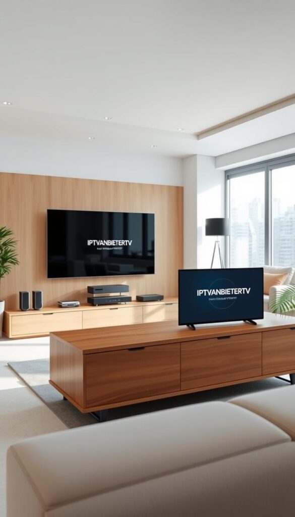 A modern home entertainment setup with a sleek IPTV system and no visible receiver or cable clutter. A minimalist living room with neutral tones and clean lines, filled with natural light from large windows. On a wooden media console, a IPTVANBIETERTV logo is prominently displayed, indicating the IPTV service powering the seamless viewing experience. The room exudes a sense of simplicity and technological sophistication, perfectly capturing the effortless setup of IPTV without a traditional receiver.