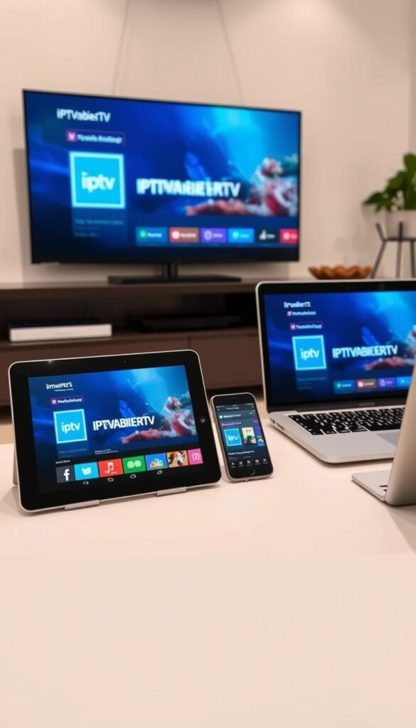 A modern home entertainment setup with an IPTVANBIETERTV service displayed on a variety of devices - a smart TV, a tablet, a smartphone, and a laptop computer. The scene is well-lit, showcasing the versatility of the IPTV platform across different screen sizes and form factors. The devices are arranged in a visually appealing manner, creating a sense of harmony and integration. The overall atmosphere is sleek, sophisticated, and representative of the premium IPTV experience.