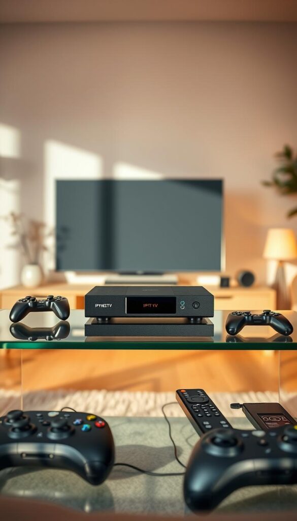 A modern home entertainment setup with an IPTVANBIETERTV streaming device prominently displayed on a glass entertainment stand. The device is surrounded by various remote controls, gaming controllers, and other connected devices, suggesting the ability to use the IPTV service on multiple devices simultaneously. The room is filled with warm, natural lighting, creating a cozy and inviting atmosphere. The background features a minimalist, Scandinavian-inspired interior design with clean lines and neutral tones, allowing the IPTV device to take center stage. The overall composition conveys the ease and versatility of using the IPTV service across different devices in a stylish and functional home setting.