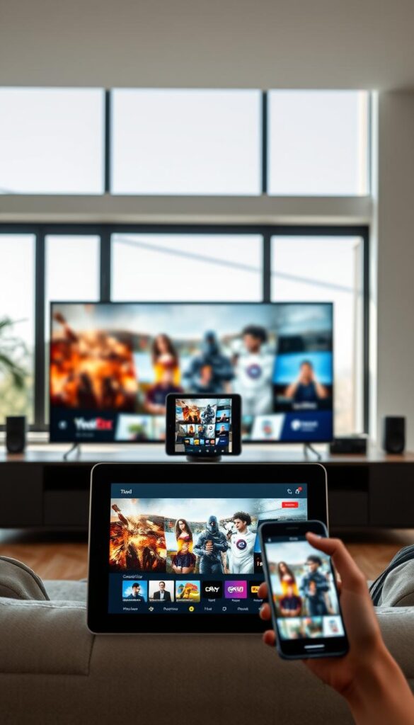 A modern home entertainment system with multiple screens and devices, showcasing the flexibility of IPTVANBIETERTV's multi-device support. In the foreground, a sleek smart TV displays content, while in the middle ground, a tablet and smartphone seamlessly mirror the same programming. The background features a clean, minimalist living room setting with large windows, allowing natural light to pour in and create a warm, inviting atmosphere. The scene conveys the ease and convenience of enjoying IPTVANBIETERTV's comprehensive entertainment package across various devices, enabling a truly immersive and personalized viewing experience.