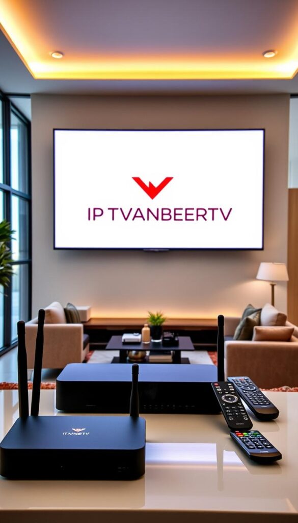 A modern home interior with a large flatscreen TV mounted on the wall, showcasing the IPTVANBIETERTV logo prominently displayed on the screen. In the foreground, a clean and sleek entertainment system with multiple devices such as a streaming box, router, and remote controls neatly arranged. The middle ground features a comfortable living room setting with plush sofas and ambient lighting, creating a cozy atmosphere. The background highlights large windows letting in natural light, giving the scene an airy and inviting feel. The overall composition emphasizes the simplicity and seamlessness of the IPTV installation process.