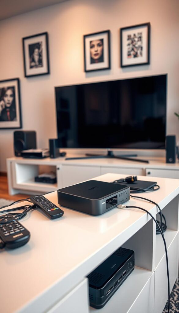 A modern home media center setup with a sleek IPTVANBIETERTV device prominently displayed on a minimalist white entertainment center. The device is surrounded by various remote controls, cables, and peripheral devices. The lighting is soft and warm, creating a cozy, inviting atmosphere. The camera angle is slightly elevated, providing a clear view of the setup and the environment. The background features a minimalist wall with a few framed artworks, adding a touch of elegance to the scene. The overall composition conveys a sense of organization, simplicity, and the convenience of an IPTV-based home entertainment system.