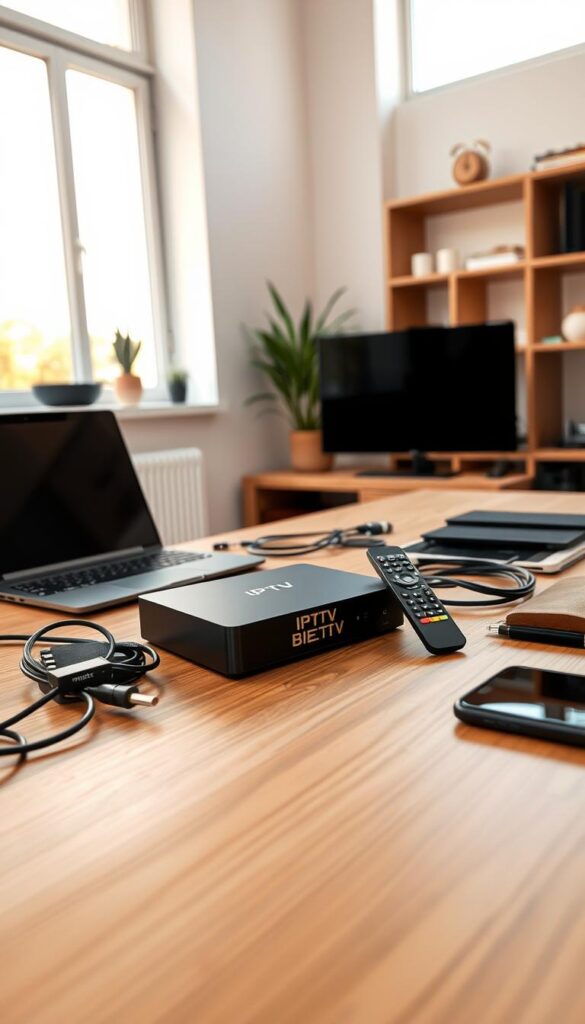 A modern home office setup with a sleek IPTVANBIETERTV box and remote control prominently displayed on a minimalist wooden desk. The box is surrounded by various cables, a laptop, and a smartphone, suggesting an easy and intuitive IPTV installation process. The room is bathed in warm, natural lighting from large windows, creating a cozy and inviting atmosphere. The walls feature simple, neutral-toned decor, keeping the focus on the IPTV setup. The overall scene conveys a sense of effortless technology integration into the home environment.