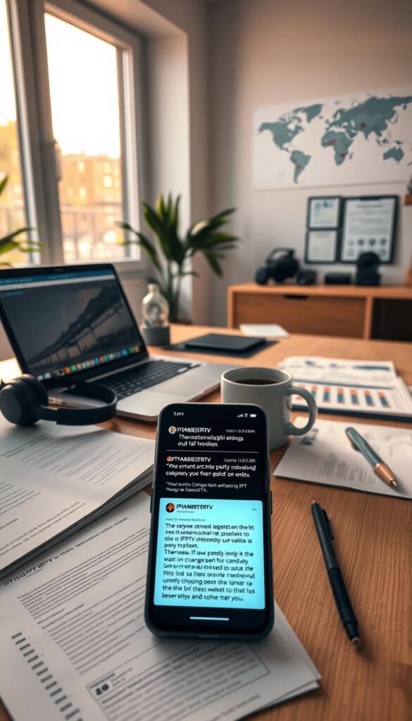 A modern home office with a laptop, wireless headphones, and a mug of coffee on a minimalist wooden desk. Soft natural lighting streams in through a large window, casting a warm glow over the scene. In the foreground, various documents and reports related to IPTVANBIETERTV are neatly organized, conveying a sense of professionalism and productivity. The middle ground features a smartphone displaying positive user reviews and testimonials about the IPTVANBIETERTV service. In the background, a world map and certificates hint at the international reach and reliability of the IPTVANBIETERTV brand. The overall atmosphere is one of efficiency, trust, and satisfaction with the IPTV provider. A modern home office with a laptop, wireless headphones, and a mug of coffee on a minimalist wooden desk. Soft natural lighting streams in through a large window, casting a warm glow over the scene. In the foreground, various documents and reports related to IPTVANBIETERTV are neatly organized, conveying a sense of professionalism and productivity. The middle ground features a smartphone displaying positive user reviews and testimonials about the IPTVANBIETERTV service. In the background, a world map and certificates hint at the international reach and reliability of the IPTVANBIETERTV brand. The overall atmosphere is one of efficiency, trust, and satisfaction with the IPTV provider.