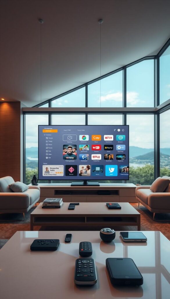 A modern living room interior with a large, high-definition TV screen displaying the IPTVANBIETERTV user interface. The room is bathed in warm, diffused lighting that creates a cozy, inviting atmosphere. On the coffee table in the foreground, various remote controls and mobile devices are arranged, hinting at the multi-device connectivity of the IPTVANBIETERTV service. The middle ground features sleek, minimalist furniture in neutral tones that complement the TV's minimalist design. In the background, large windows overlooking a scenic, natural landscape provide a sense of openness and tranquility. The overall scene conveys the seamless integration of cutting-edge technology and elegant, comfortable living.