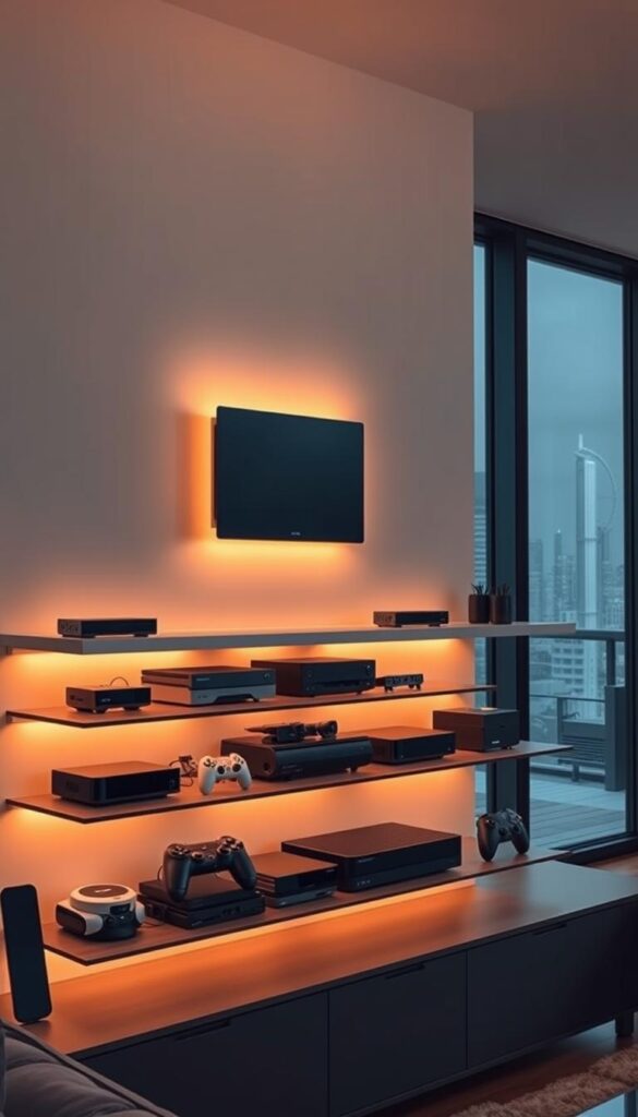 A modern living room interior with a sleek, wall-mounted IPTVANBIETERTV media device prominently displayed. The device has a minimalist, metallic design with clean lines and a subtle LED indicator. On the adjacent shelves, various other streaming devices, gaming consoles, and remote controls are neatly arranged, creating a visually harmonious setup. Warm, indirect lighting casts a cozy glow, and large windows in the background offer a glimpse of a city skyline. The overall scene conveys a sense of technological integration and sophisticated entertainment within a stylish, contemporary home environment.