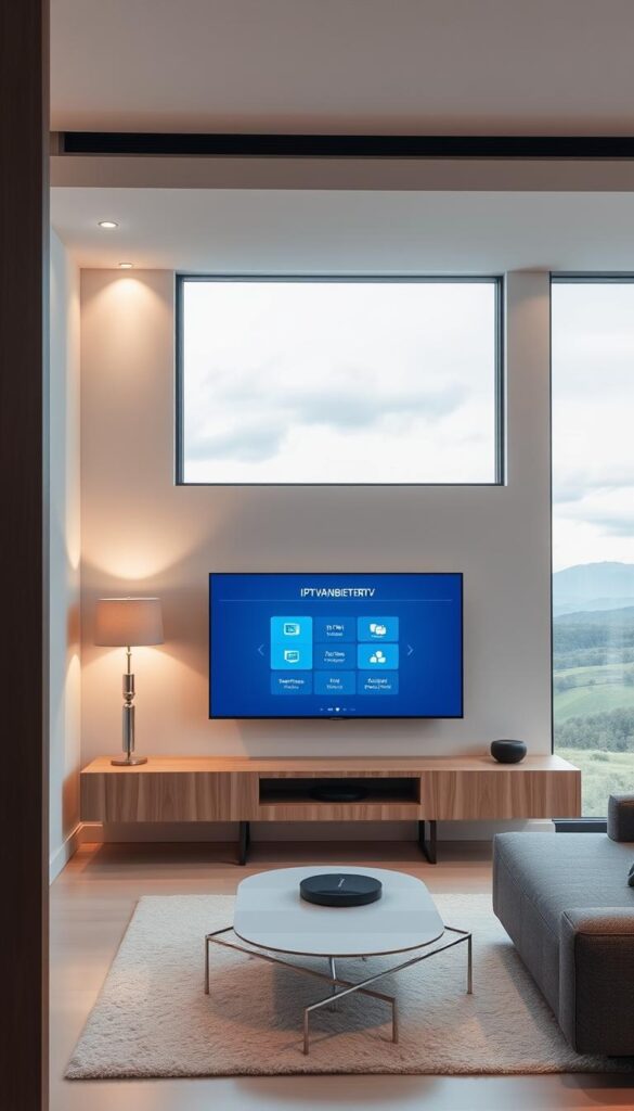 A modern living room interior with a television set showing the IPTVANBIETERTV user interface. The television is mounted on a minimalist floating wall unit made of light wood. Soft indirect lighting from lamps and overhead fixtures creates a warm, inviting atmosphere. The room is clean and uncluttered, with a plush gray sofa and a sleek coffee table. Through the large windows, a picturesque landscape is visible, providing a serene backdrop. The television's on-screen display guides the viewer through the intuitive IPTV setup process, making the experience seamless and enjoyable.