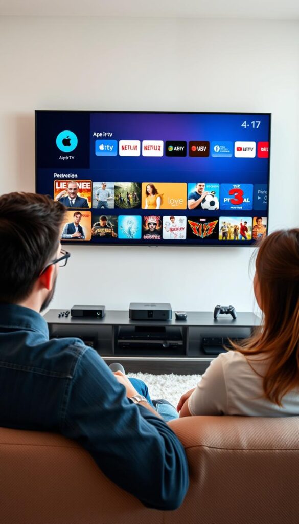 A modern living room scene with a large flat-screen TV mounted on the wall, displaying the IPTVANBIETERTV interface. In the foreground, a young couple relaxes on a comfortable couch, their attention focused on the TV as they browse through various IPTV channels and services on their Apple TV device. The middle ground features a sleek entertainment center with additional streaming devices and gaming consoles. The background showcases a bright, airy space with large windows, allowing natural light to fill the room and creating a warm, inviting atmosphere. The overall composition emphasizes the versatility and convenience of IPTV technology across multiple devices, seamlessly integrated into a modern home setting.