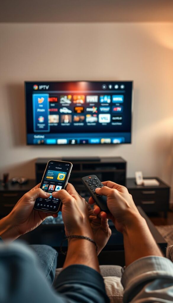 A modern living room setting with a large flat-screen TV prominently displayed. On the TV screen, the IPTVANBIETERTV interface is visible, showcasing the various device icons and intuitive navigation. In the foreground, a person's hands are interacting with a smartphone, tablet, and remote control, seamlessly setting up and accessing the IPTV service across multiple devices. The room is bathed in warm, soft lighting, creating a cozy and inviting atmosphere. The overall scene conveys the effortless and user-friendly experience of setting up and using the IPTVANBIETERTV IPTV platform on a variety of devices.