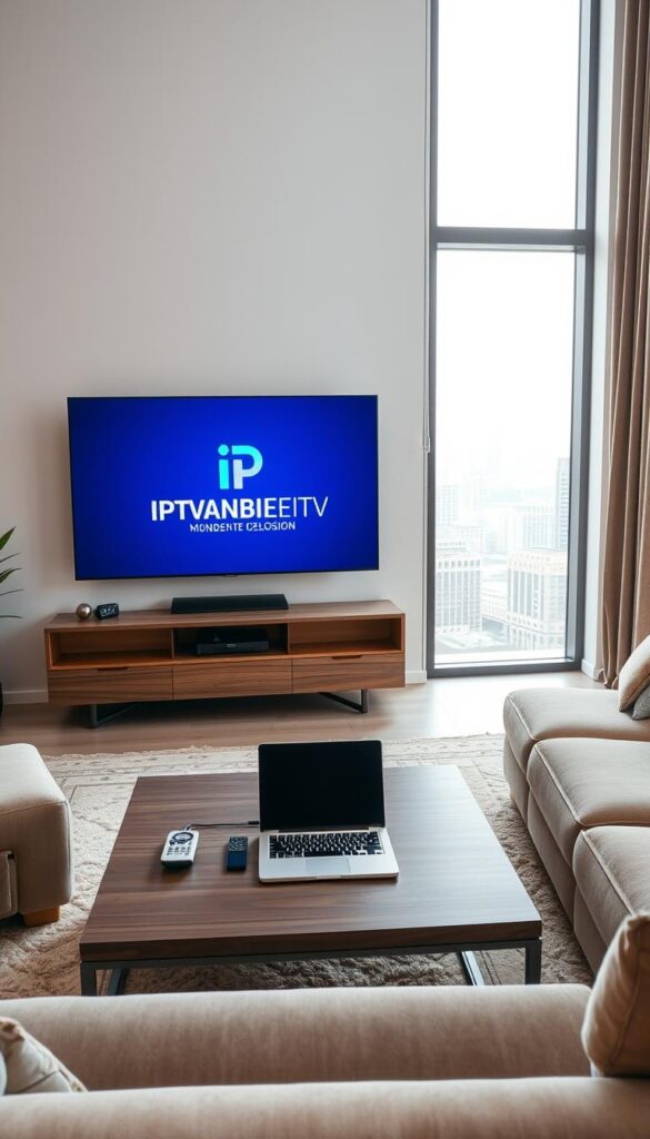 A modern living room setting with a sleek, minimalist television display showcasing the IPTVANBIETERTV brand logo. The television is mounted on a minimalist wooden media console, casting a warm glow throughout the space. In the foreground, a coffee table with a laptop and remote control hints at the seamless integration of IPTV technology. The middle ground features plush, neutral-toned seating arranged to create a cozy, relaxed atmosphere. The background depicts a large window overlooking a cityscape, allowing natural light to flood the room and creating a sense of openness and connection to the outside world. The overall scene conveys the revolutionary and transformative nature of IPTV, blending technology, design, and modern living.