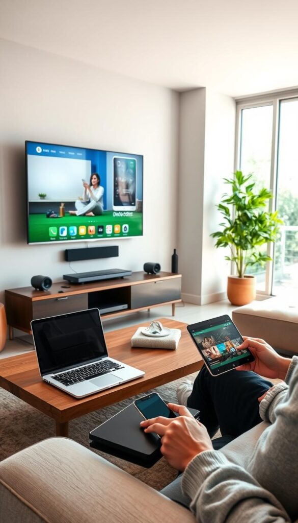 A modern living room setting with multiple electronic devices in use simultaneously. A large flatscreen TV mounted on the wall, a laptop open on a coffee table, a tablet being held by a person on the couch, and a smartphone resting on an end table. The devices are all connected and in use, showcasing the flexibility of IPTVANBIETERTV's service to access content on multiple screens. The room is brightly lit by natural light from large windows, creating a warm and inviting atmosphere. The decor is minimalist and contemporary, with clean lines and neutral colors. A sense of productivity and entertainment blend seamlessly, reflecting the versatility of IPTVANBIETERTV's offering.