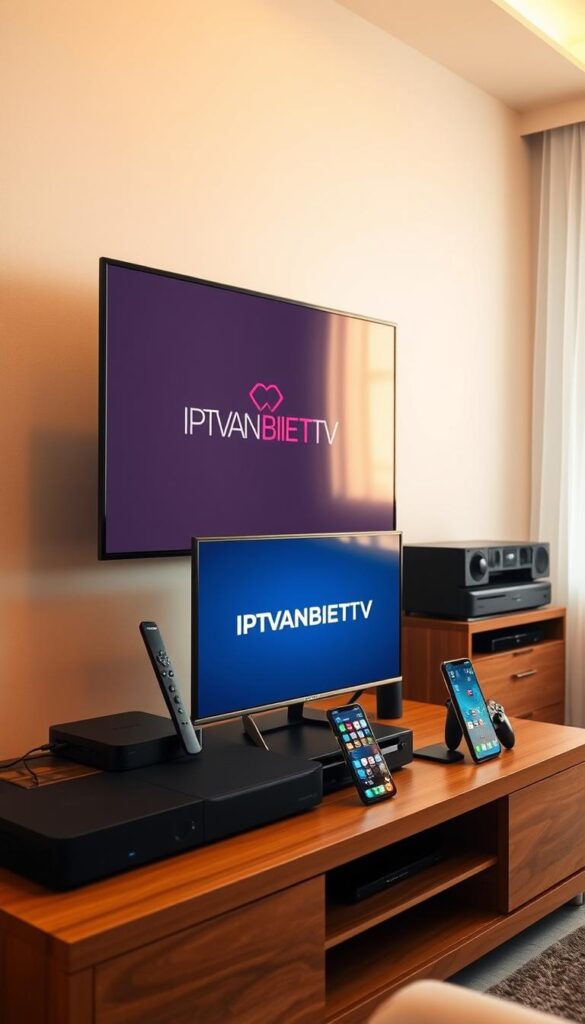 A modern living room with a TV stand featuring multiple devices - a smart TV, a streaming box, a game console, and a smartphone. The room is bathed in warm, soft lighting, creating a cozy and inviting atmosphere. On the TV screen, the IPTVANBIETERTV logo is prominently displayed, indicating the IPTV service being used across the various devices. The devices are arranged in a visually appealing layout, showcasing the flexibility and cross-compatibility of the IPTV subscription. The room's decor is minimalist and stylish, with a large window providing natural light and a view of a lush, green outdoor scene, suggesting the versatility of the IPTV service in different settings.