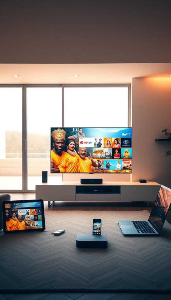 A modern living room with a large TV and various digital devices showcasing the seamless integration of IPTVANBIETERTV across multiple platforms. The room is bathed in warm, soft lighting, creating a cozy and inviting atmosphere. In the foreground, a high-end smart TV displays vibrant, high-definition IPTV content, while a tablet, smartphone, and laptop are arranged nearby, all connected to the IPTVANBIETERTV service. The middle ground features a sleek, minimalist entertainment unit housing the IPTV set-top box and other streaming devices. The background depicts a spacious, minimalist interior design with large windows, allowing natural light to fill the room and complement the technology-focused scene.