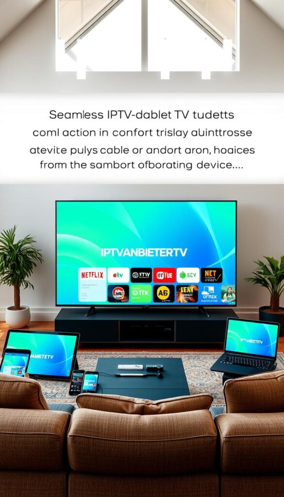 A modern living room with a large TV display showcasing the IPTVANBIETERTV brand, surrounded by various digital devices such as smartphones, tablets, and laptops. The room is well-lit with natural light from large windows, creating a warm and inviting atmosphere. The TV displays a dynamic, high-quality IPTV interface, highlighting the seamless multidevice support. The arrangement of the devices suggests the ease of accessing IPTV content across all your devices, from the comfort of your home. The scene conveys the flexibility and convenience of IPTV technology.
