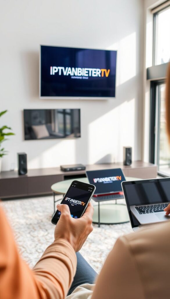 A modern living room with a large TV mounted on the wall, displaying the IPTVANBIETERTV brand. In the foreground, a person is using a smartphone, a tablet, and a laptop, seamlessly accessing the IPTV service on multiple devices. The room is well-lit, with natural light streaming in through large windows, creating a warm and cozy atmosphere. The furniture is minimalist and contemporary, complementing the sleek design of the devices. The overall scene conveys the ease and convenience of multi-device IPTV usage, showcasing the flexibility and cross-platform capabilities of the IPTVANBIETERTV service.