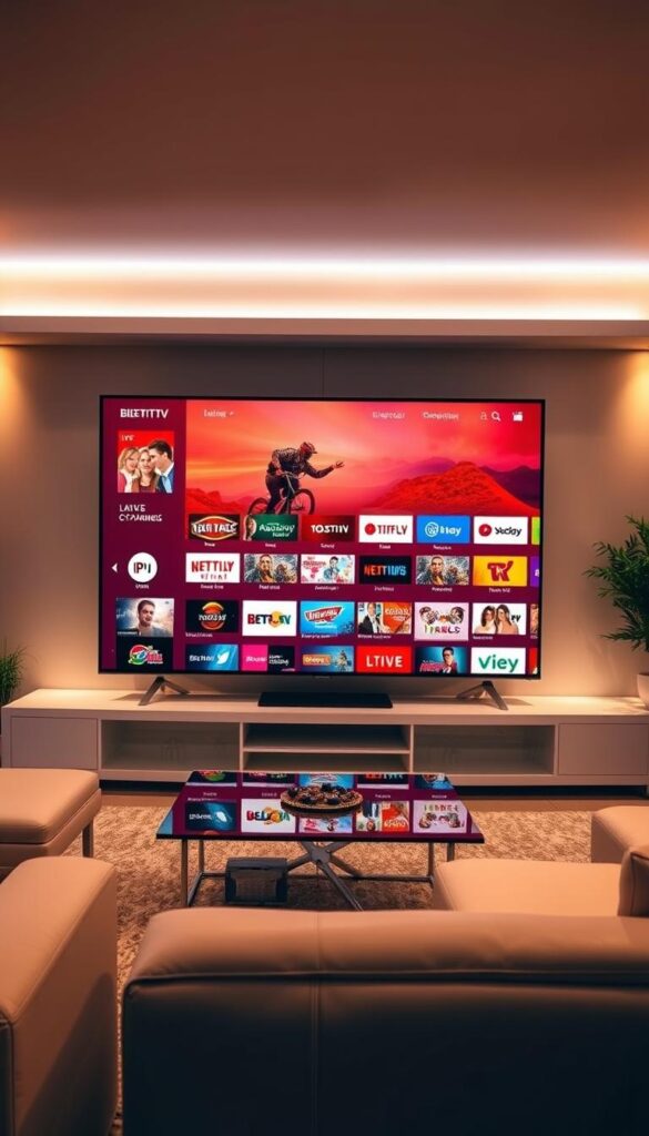 A modern living room with a large TV screen displaying the IPTVANBIETERTV app, showcasing a wide range of live channels and on-demand content. The room has warm, ambient lighting, and the TV is flanked by sleek, minimalist furniture. The scene conveys a sense of convenience and entertainment, reflecting the ease of use and extensive options offered by the IPTV service. The image should capture the app's user interface and overall visual appeal, highlighting its suitability for Android TV platforms.