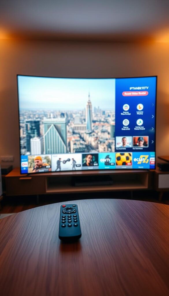 A modern living room with a large, curved OLED television displaying a vibrant, crystal-clear IPTVANBIETERTV interface. The room is bathed in warm, diffused lighting, creating a cozy and inviting atmosphere. In the foreground, a sleek, minimalist remote control sits on a wooden coffee table, hinting at the seamless user experience. The background showcases a panoramic view of a bustling city skyline, emphasizing the convenience and accessibility of IPTV deutschland kostenlos. The entire scene exudes a sense of technological sophistication and the effortless integration of digital entertainment into everyday life.