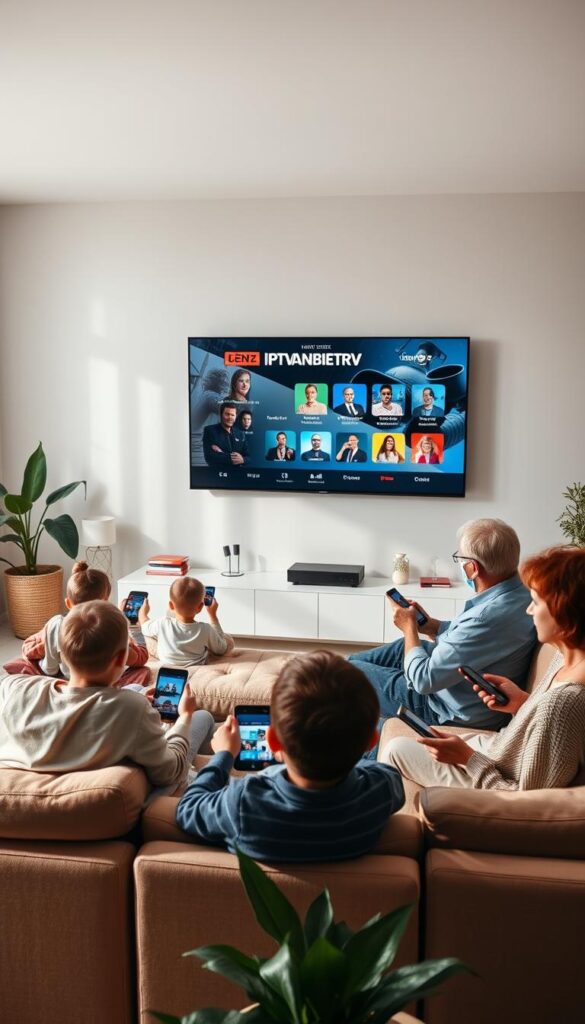 A modern living room with a large flat-screen IPTVANBIETERTV display mounted on the wall. Several people of different ages, from young children to seniors, are comfortably seated on a plush sectional sofa, each using a variety of devices - smartphones, tablets, and remote controls - to access the IPTVANBIETERTV service. Soft, diffused lighting creates a warm, inviting atmosphere, and the room is decorated with plants and minimalist decor, conveying a sense of harmony and togetherness. The scene illustrates the seamless multi-device support and cross-generational appeal of the IPTVANBIETERTV platform.