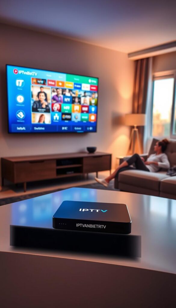 A modern living room with a large flat-screen TV displaying a vibrant IPTV interface. The room is bathed in soft, warm lighting, creating a cozy, inviting atmosphere. In the foreground, a sleek, minimalist media center houses the IPTV box, with the IPTVANBIETERTV brand prominently displayed. The middle ground features a comfortable sofa and armchair, where a person is casually lounging and enjoying the IPTV content. The background showcases a window with a pleasant outdoor view, adding depth and a sense of tranquility to the scene. The overall composition conveys the ease and convenience of IPTV consumption in a contemporary, well-appointed home setting.