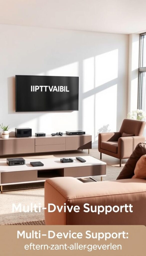 A modern living room with a large flat-screen TV mounted on the wall, displaying the IPTVANBIETERTV brand logo. The room is brightly lit with natural daylight streaming in through large windows, creating a warm and inviting atmosphere. In the foreground, a sleek, minimalist media console holds various streaming devices, remotes, and other home entertainment equipment. The middle ground features comfortable seating, such as a plush sofa and armchair, inviting viewers to sit and enjoy the entertainment experience. The background showcases a clean, contemporary interior design with subtle decor elements that complement the overall aesthetic. The image conveys a sense of technology, convenience, and entertainment, capturing the essence of the "Multi-Device Support: Fernsehen auf allen Geräten" section.