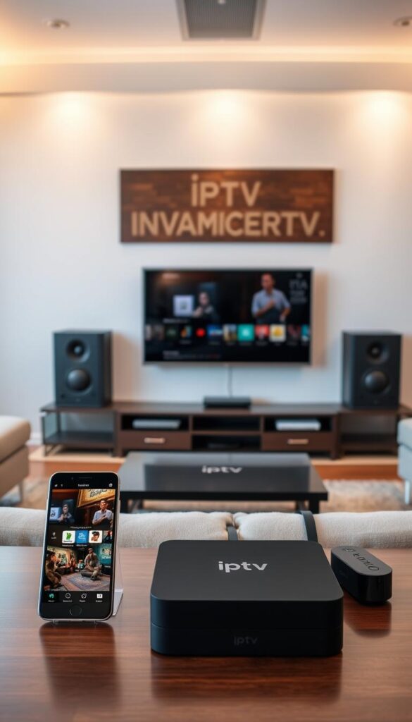 A modern living room with a large flat-screen TV mounted on the wall. Several different digital devices are placed around the room, including a smartphone, tablet, and streaming box, all connected to the IPTVANBIETERTV service. The room is well-lit with a combination of natural light and soft, ambient lighting, creating a cozy and inviting atmosphere. The devices are arranged in a way that showcases their seamless integration, highlighting the versatility of IPTV on various platforms. The scene conveys the convenience and accessibility of IPTV, allowing users to enjoy their favorite content on multiple devices throughout their home.